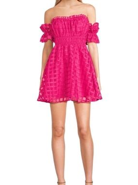 allison & kelly - juniors fuchsia checkered print off-shoulder puff dress
